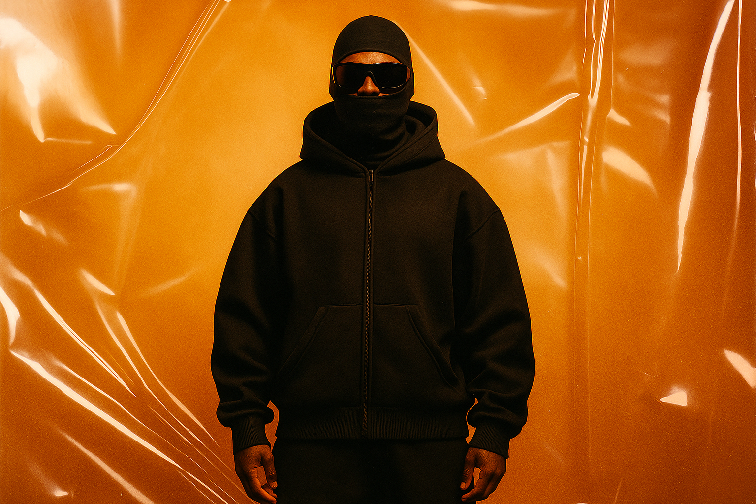 Person wearing a black hoodie and sunglasses against an orange background